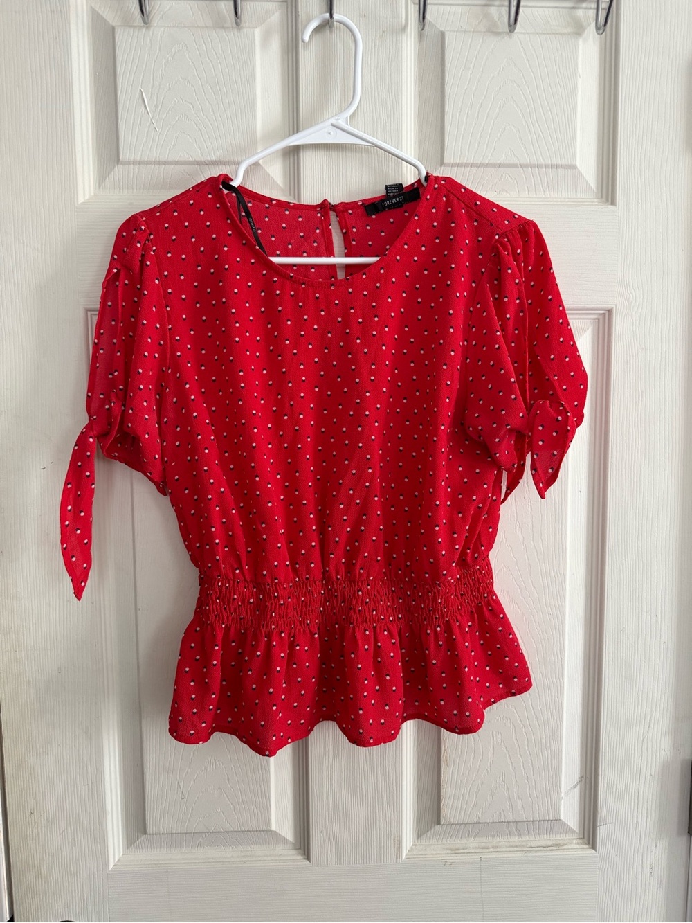 Forever 21 Red Polka Dot Peplum Tie-Sleeve Top